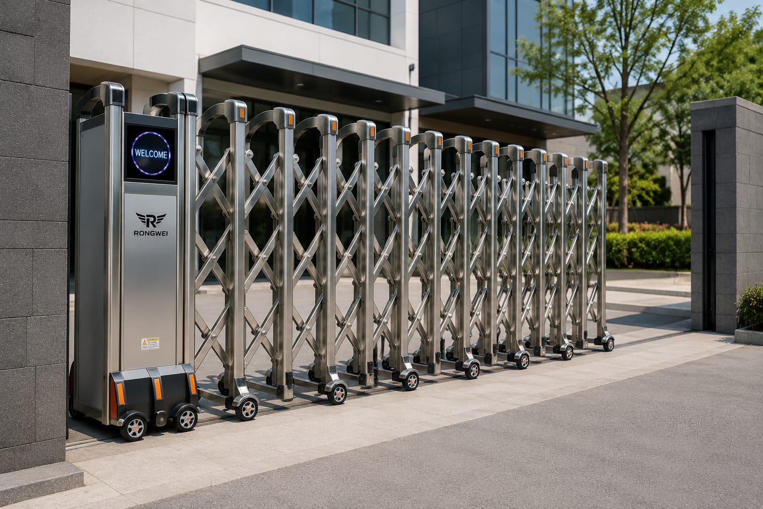 Retractable automatic gate at a commercial entrance