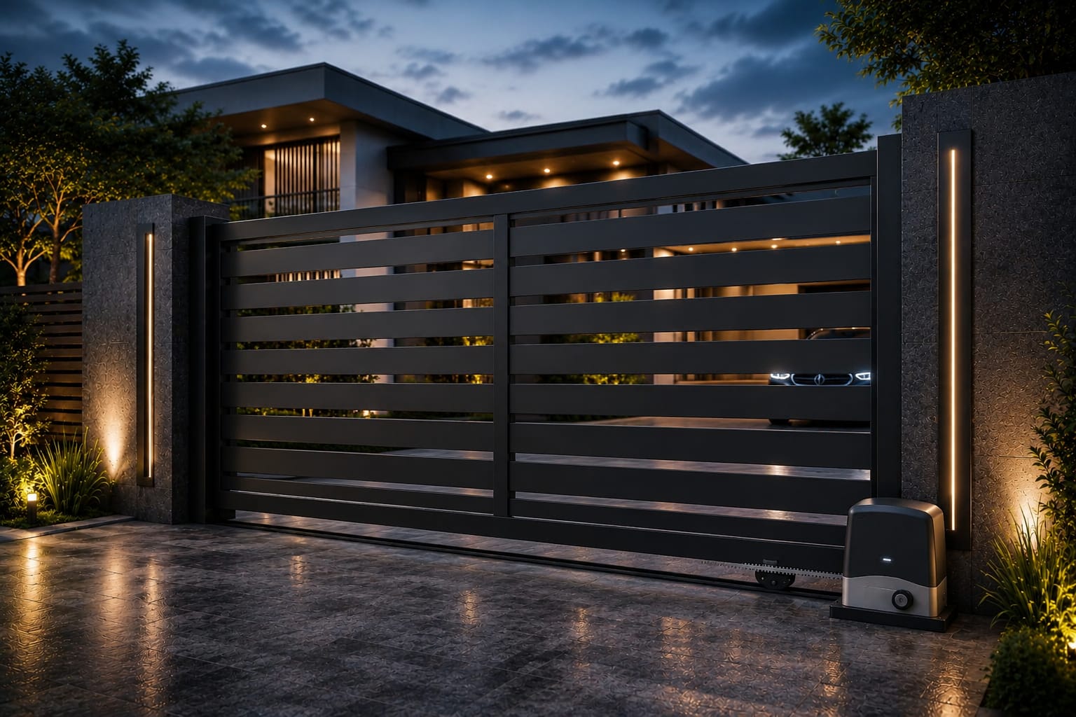 Automatic sliding gate at the entrance of a modern villa at dusk