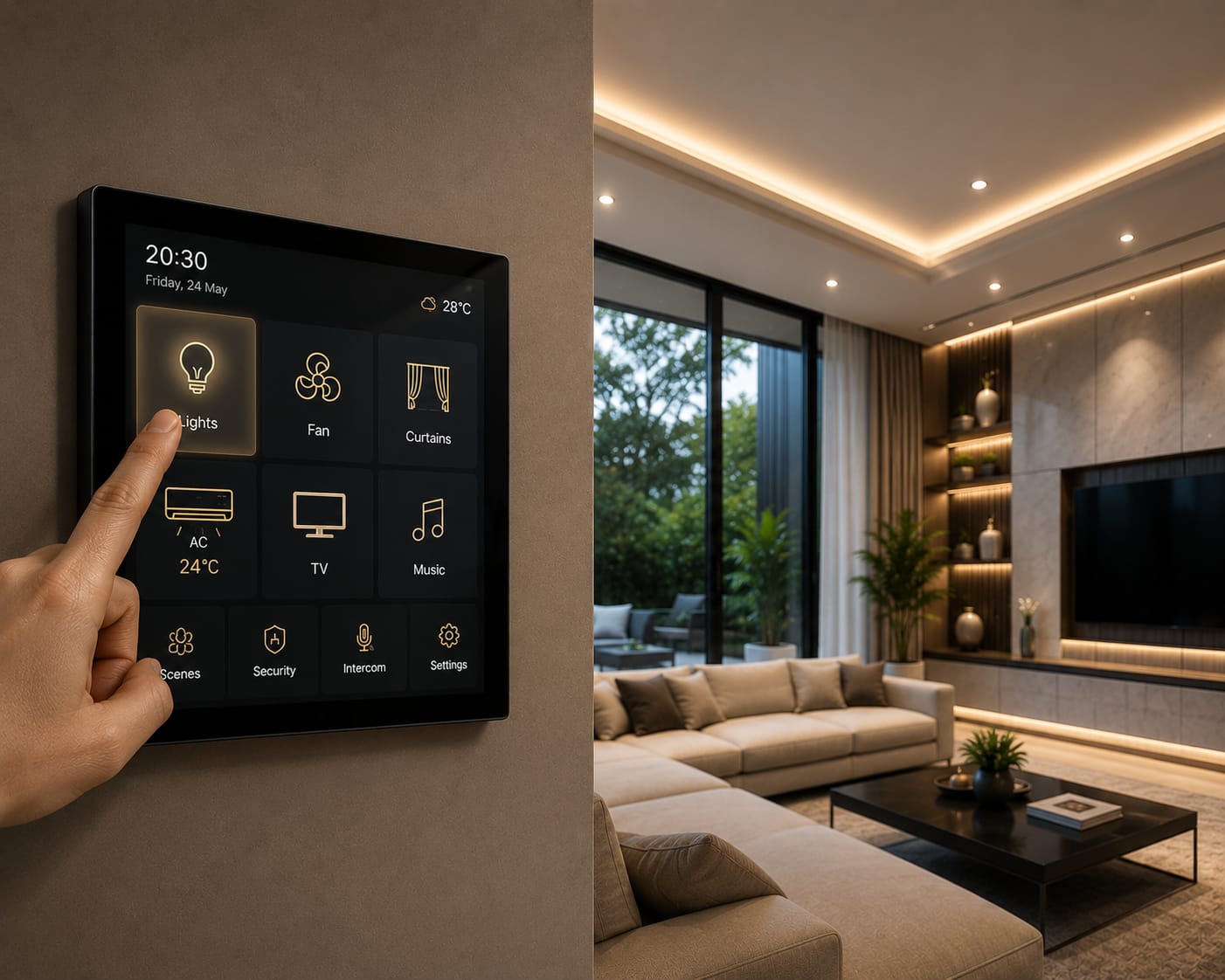 Wall-mounted touch panel controlling lights, climate and scenes in a living room