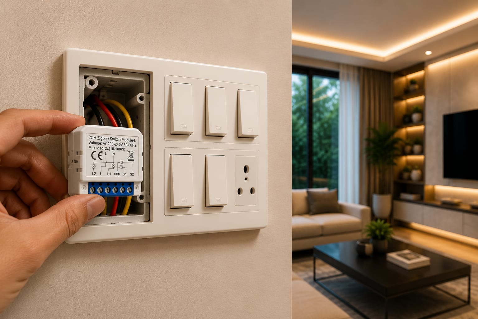 Technician fitting a smart switch module behind a wall plate