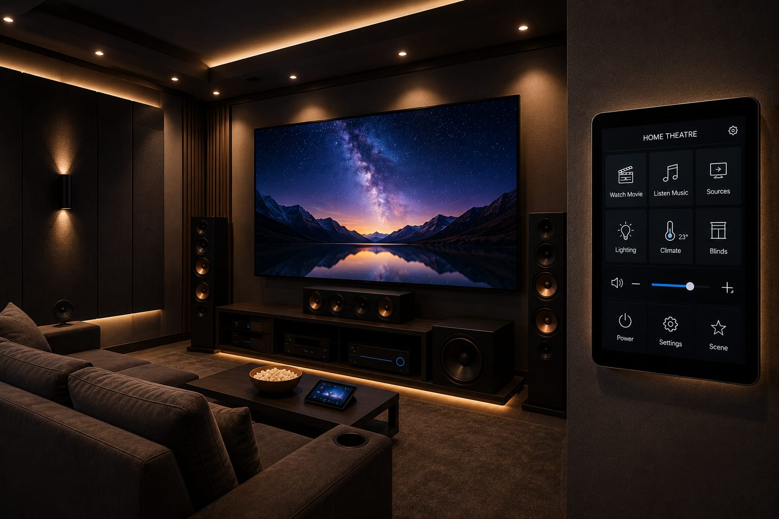 Home theatre room with an automated lighting and control panel
