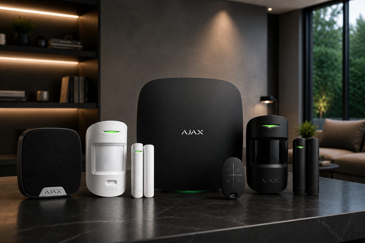 Wireless Ajax security hub with door and motion sensors in a living space